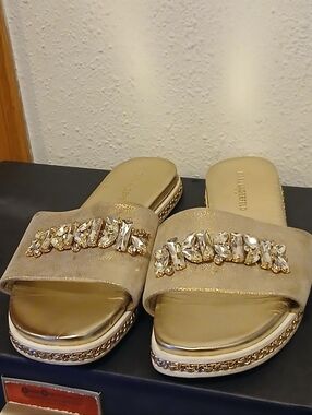Karl Lagerfeld Paris Bijou Slide Sandals Gold Crystal Embellished Women’s Size 8